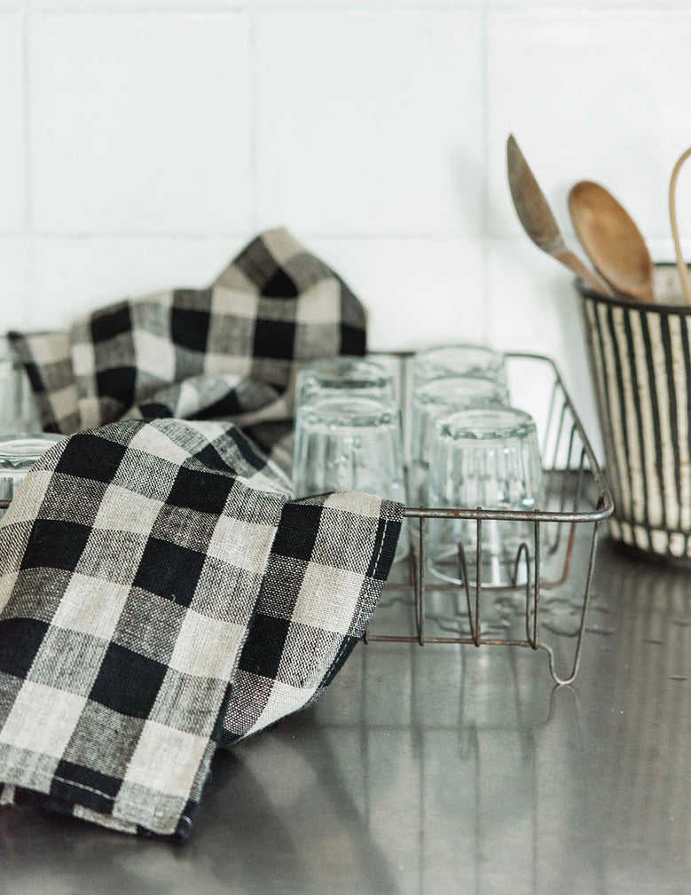 Thick Linen Kitchen Cloth: Black & Natural Check