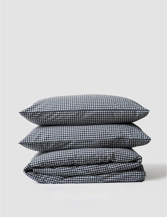 Organic Cotton Gingham Duvet & Pillowcases: Navy